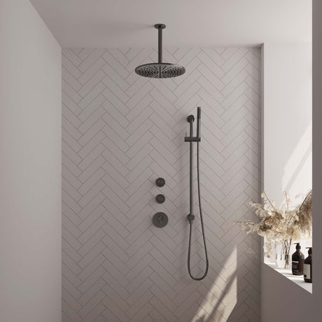 BRAUER Gunmetal Carving thermostatische inbouw regendouche SET 18 met 30 cm douchekop en plafondarm en staaf handdouche en doucheslang en geïntegreerde glijstang gunmetal geborsteld PVD