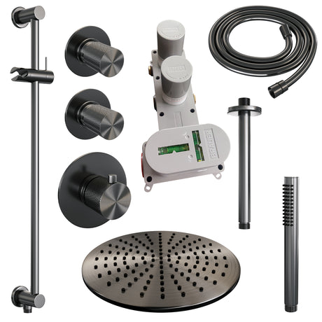 BRAUER Gunmetal Carving thermostatische inbouw regendouche SET 18 met 30 cm douchekop en plafondarm en staaf handdouche en doucheslang en geïntegreerde glijstang gunmetal geborsteld PVD