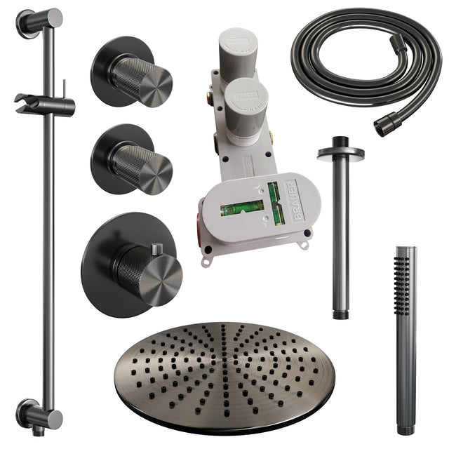 BRAUER Gunmetal Carving thermostatische inbouw regendouche SET 18 met 30 cm douchekop en plafondarm en staaf handdouche en doucheslang en geïntegreerde glijstang gunmetal geborsteld PVD