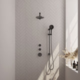 BRAUER Gunmetal Carving thermostatische inbouw regendouche SET 19 met 20 cm douchekop en rechte muurarm en 3-standen handdouche en doucheslang en geïntegreerde glijstang gunmetal geborsteld PVD