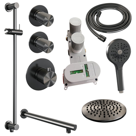 BRAUER Gunmetal Carving thermostatische inbouw regendouche SET 19 met 20 cm douchekop en rechte muurarm en 3-standen handdouche en doucheslang en geïntegreerde glijstang gunmetal geborsteld PVD