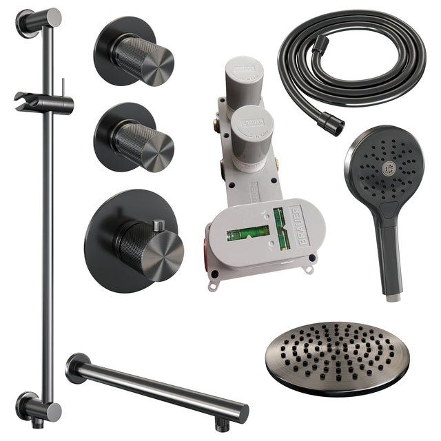 BRAUER Gunmetal Carving thermostatische inbouw regendouche SET 19 met 20 cm douchekop en rechte muurarm en 3-standen handdouche en doucheslang en geïntegreerde glijstang gunmetal geborsteld PVD