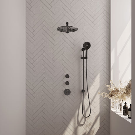BRAUER Gunmetal Carving thermostatische inbouw regendouche SET 20 met 30 cm douchekop en rechte muurarm en 3-standen handdouche en doucheslang en geïntegreerde glijstang gunmetal geborsteld PVD