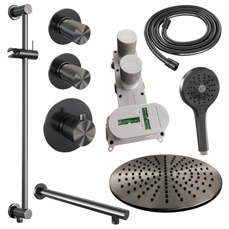BRAUER Gunmetal Carving thermostatische inbouw regendouche SET 20 met 30 cm douchekop en rechte muurarm en 3-standen handdouche en doucheslang en geïntegreerde glijstang gunmetal geborsteld PVD