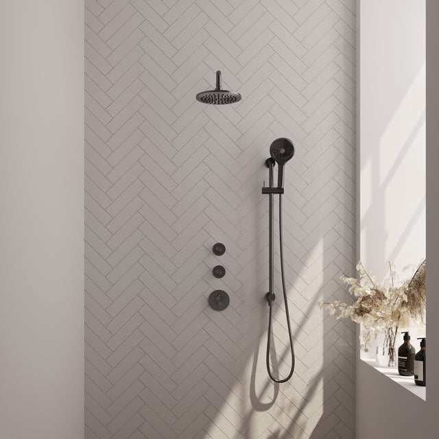 BRAUER Gunmetal Carving thermostatische inbouw regendouche SET 21 met 20 cm douchekop en gebogen muurarm en 3-standen handdouche en doucheslang en geïntegreerde glijstang gunmetal geborsteld PVD