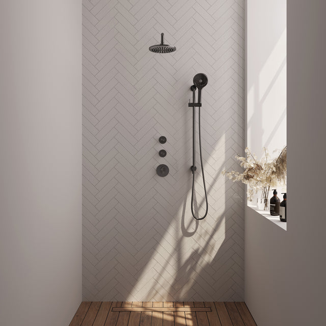 BRAUER Gunmetal Carving thermostatische inbouw regendouche SET 21 met 20 cm douchekop en gebogen muurarm en 3-standen handdouche en doucheslang en geïntegreerde glijstang gunmetal geborsteld PVD