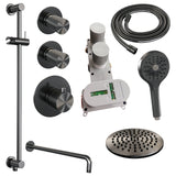 BRAUER Gunmetal Carving thermostatische inbouw regendouche SET 21 met 20 cm douchekop en gebogen muurarm en 3-standen handdouche en doucheslang en geïntegreerde glijstang gunmetal geborsteld PVD