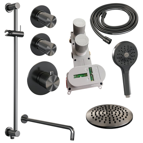 BRAUER Gunmetal Carving thermostatische inbouw regendouche SET 21 met 20 cm douchekop en gebogen muurarm en 3-standen handdouche en doucheslang en geïntegreerde glijstang gunmetal geborsteld PVD