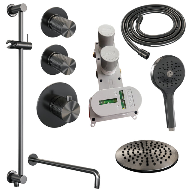 BRAUER Gunmetal Carving thermostatische inbouw regendouche SET 21 met 20 cm douchekop en gebogen muurarm en 3-standen handdouche en doucheslang en geïntegreerde glijstang gunmetal geborsteld PVD
