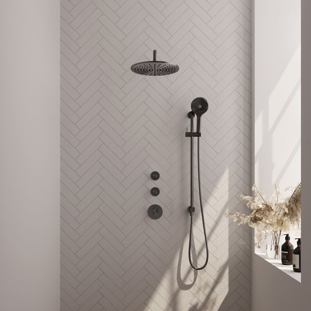 BRAUER Gunmetal Carving thermostatische inbouw regendouche SET 22 met 30 cm douchekop en gebogen muurarm en 3-standen handdouche en doucheslang en geïntegreerde glijstang gunmetal geborsteld PVD
