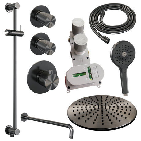 BRAUER Gunmetal Carving thermostatische inbouw regendouche SET 22 met 30 cm douchekop en gebogen muurarm en 3-standen handdouche en doucheslang en geïntegreerde glijstang gunmetal geborsteld PVD