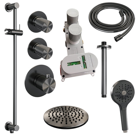 BRAUER Gunmetal Carving thermostatische inbouw regendouche SET 23 met 20 cm douchekop en plafondarm en 3-standen handdouche en doucheslang en geïntegreerde glijstang gunmetal geborsteld PVD