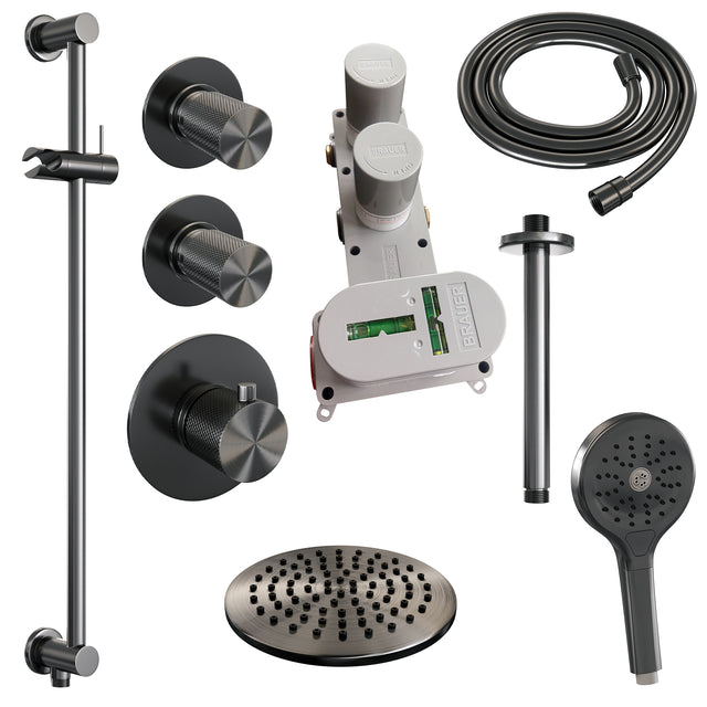 BRAUER Gunmetal Carving thermostatische inbouw regendouche SET 23 met 20 cm douchekop en plafondarm en 3-standen handdouche en doucheslang en geïntegreerde glijstang gunmetal geborsteld PVD