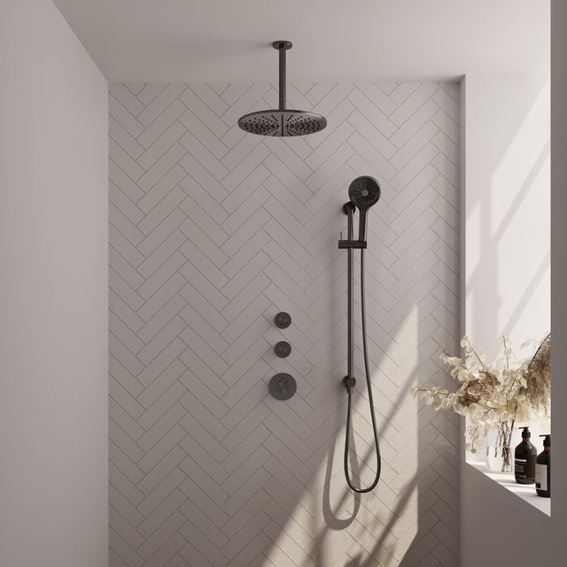 BRAUER Gunmetal Carving thermostatische inbouw regendouche SET 24 met 30 cm douchekop en plafondarm en 3-standen handdouche en doucheslang en geïntegreerde glijstang gunmetal geborsteld PVD