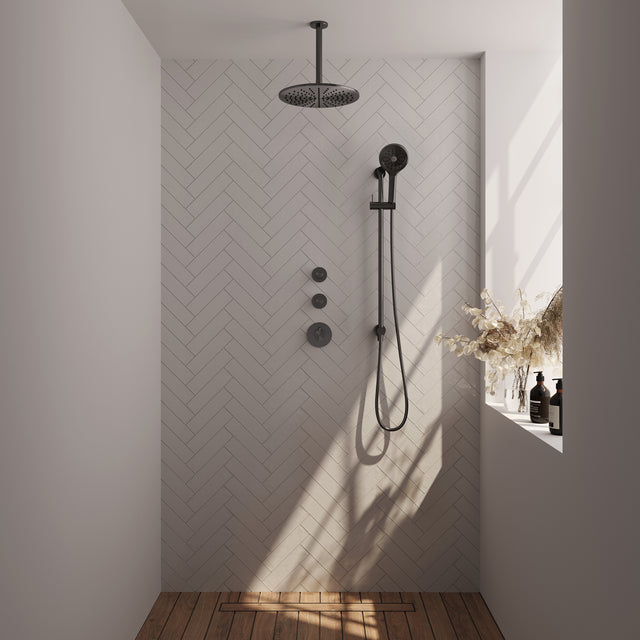BRAUER Gunmetal Carving thermostatische inbouw regendouche SET 24 met 30 cm douchekop en plafondarm en 3-standen handdouche en doucheslang en geïntegreerde glijstang gunmetal geborsteld PVD