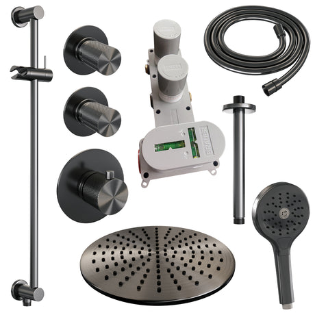 BRAUER Gunmetal Carving thermostatische inbouw regendouche SET 24 met 30 cm douchekop en plafondarm en 3-standen handdouche en doucheslang en geïntegreerde glijstang gunmetal geborsteld PVD