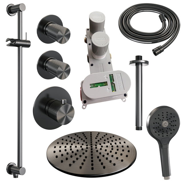 BRAUER Gunmetal Carving thermostatische inbouw regendouche SET 24 met 30 cm douchekop en plafondarm en 3-standen handdouche en doucheslang en geïntegreerde glijstang gunmetal geborsteld PVD