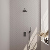 BRAUER Gunmetal Carving thermostatische inbouw regendouche 3-weg omstelling SET 25 met 20 cm douchekop en rechte muurarm en staaf handdouche en doucheslang en wandaansluitbocht gunmetal geborsteld PVD