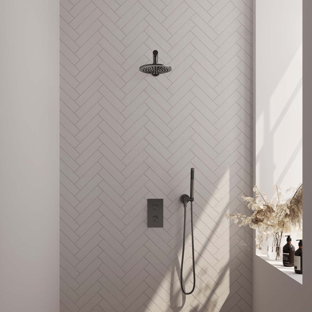 BRAUER Gunmetal Carving thermostatische inbouw regendouche 3-weg omstelling SET 25 met 20 cm douchekop en rechte muurarm en staaf handdouche en doucheslang en wandaansluitbocht gunmetal geborsteld PVD