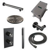 BRAUER Gunmetal Carving thermostatische inbouw regendouche 3-weg omstelling SET 25 met 20 cm douchekop en rechte muurarm en staaf handdouche en doucheslang en wandaansluitbocht gunmetal geborsteld PVD