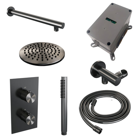 BRAUER Gunmetal Carving thermostatische inbouw regendouche 3-weg omstelling SET 25 met 20 cm douchekop en rechte muurarm en staaf handdouche en doucheslang en wandaansluitbocht gunmetal geborsteld PVD
