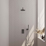 BRAUER Gunmetal Carving thermostatische inbouw regendouche 3-weg omstelling SET 27 met 20 cm douchekop en gebogen muurarm en staaf handdouche en doucheslang en wandaansluitbocht gunmetal geborsteld PVD