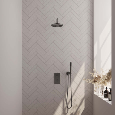 BRAUER Gunmetal Carving thermostatische inbouw regendouche 3-weg omstelling SET 27 met 20 cm douchekop en gebogen muurarm en staaf handdouche en doucheslang en wandaansluitbocht gunmetal geborsteld PVD