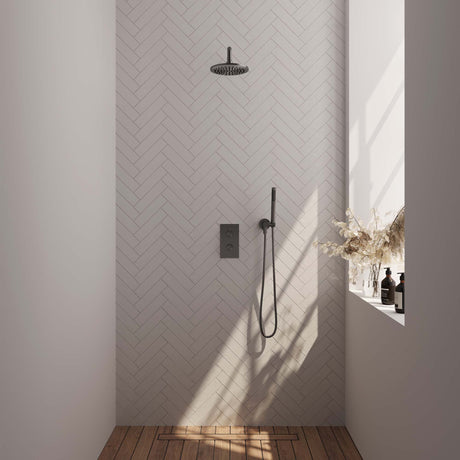 BRAUER Gunmetal Carving thermostatische inbouw regendouche 3-weg omstelling SET 27 met 20 cm douchekop en gebogen muurarm en staaf handdouche en doucheslang en wandaansluitbocht gunmetal geborsteld PVD