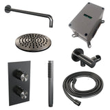 BRAUER Gunmetal Carving thermostatische inbouw regendouche 3-weg omstelling SET 27 met 20 cm douchekop en gebogen muurarm en staaf handdouche en doucheslang en wandaansluitbocht gunmetal geborsteld PVD