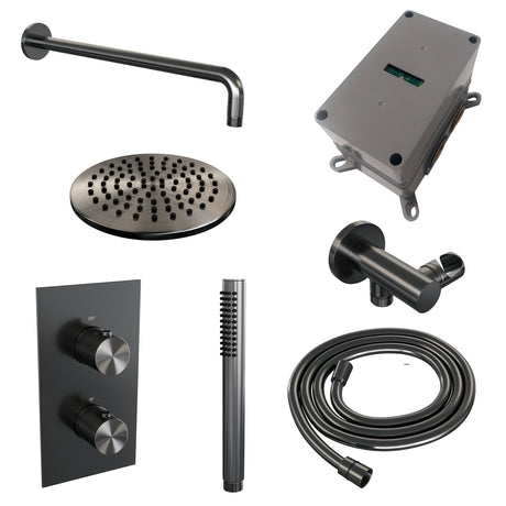 BRAUER Gunmetal Carving thermostatische inbouw regendouche 3-weg omstelling SET 27 met 20 cm douchekop en gebogen muurarm en staaf handdouche en doucheslang en wandaansluitbocht gunmetal geborsteld PVD