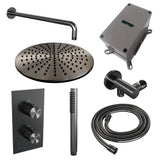 BRAUER Gunmetal Carving thermostatische inbouw regendouche 3-weg omstelling SET 28 met 30 cm douchekop en gebogen muurarm en staaf handdouche en doucheslang en wandaansluitbocht gunmetal geborsteld PVD