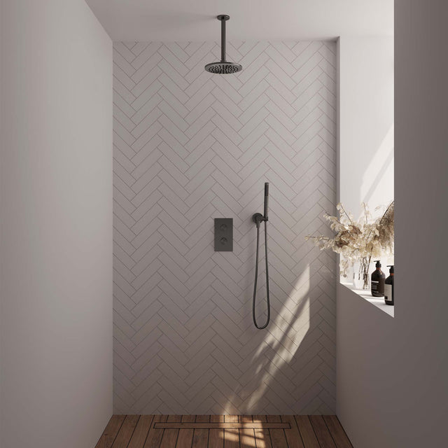 BRAUER Gunmetal Carving thermostatische inbouw regendouche 3-weg omstelling SET 29 met 20 cm douchekop en plafondarm en staaf handdouche en doucheslang en wandaansluitbocht gunmetal geborsteld PVD