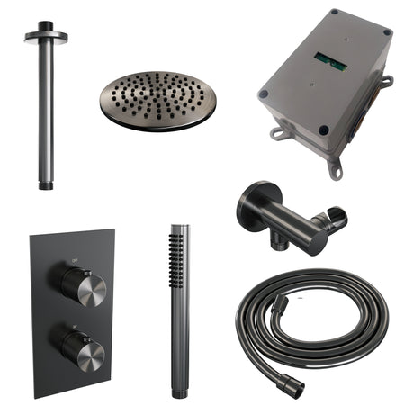 BRAUER Gunmetal Carving thermostatische inbouw regendouche 3-weg omstelling SET 29 met 20 cm douchekop en plafondarm en staaf handdouche en doucheslang en wandaansluitbocht gunmetal geborsteld PVD