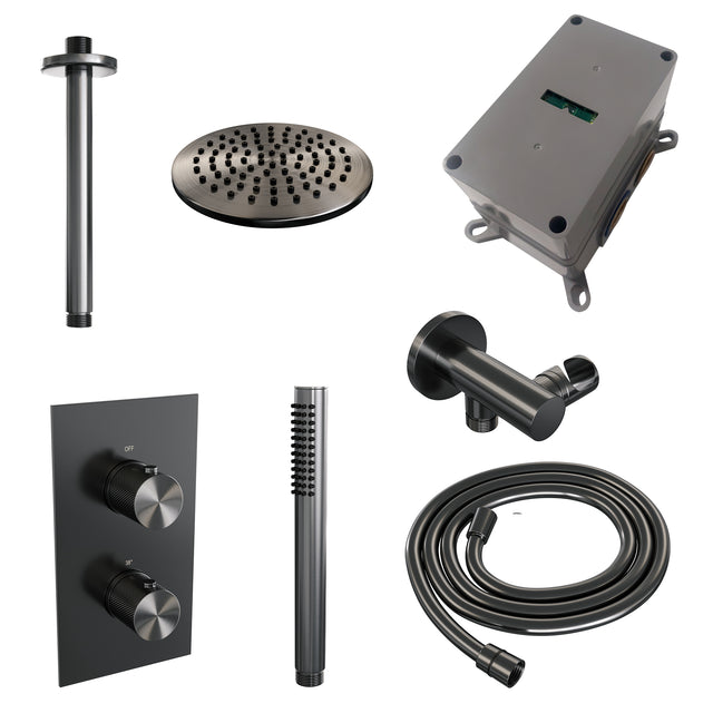 BRAUER Gunmetal Carving thermostatische inbouw regendouche 3-weg omstelling SET 29 met 20 cm douchekop en plafondarm en staaf handdouche en doucheslang en wandaansluitbocht gunmetal geborsteld PVD