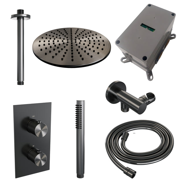 BRAUER Gunmetal Carving thermostatische inbouw regendouche 3-weg omstelling SET 30 met 30 cm douchekop en plafondarm en staaf handdouche en doucheslang en wandaansluitbocht gunmetal geborsteld PVD