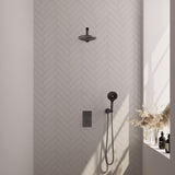 BRAUER Gunmetal Carving thermostatische inbouw regendouche 3-weg omstelling SET 31 met 20 cm douchekop en rechte muurarm en 3-standen handdouche en doucheslang en wandaansluitbocht gunmetal geborsteld PVD