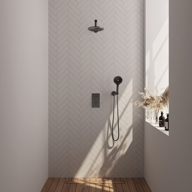 BRAUER Gunmetal Carving thermostatische inbouw regendouche 3-weg omstelling SET 31 met 20 cm douchekop en rechte muurarm en 3-standen handdouche en doucheslang en wandaansluitbocht gunmetal geborsteld PVD