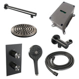 BRAUER Gunmetal Carving thermostatische inbouw regendouche 3-weg omstelling SET 31 met 20 cm douchekop en rechte muurarm en 3-standen handdouche en doucheslang en wandaansluitbocht gunmetal geborsteld PVD