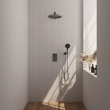 BRAUER Gunmetal Carving thermostatische inbouw regendouche 3-weg omstelling SET 32 met 30 cm douchekop en rechte muurarm en 3-standen handdouche en doucheslang en wandaansluitbocht gunmetal geborsteld PVD
