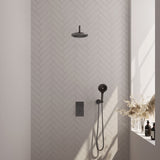 BRAUER Gunmetal Carving thermostatische inbouw regendouche 3-weg omstelling SET 33 met 20 cm douchekop en gebogen muurarm en 3-standen handdouche en doucheslang en wandaansluitbocht gunmetal geborsteld PVD