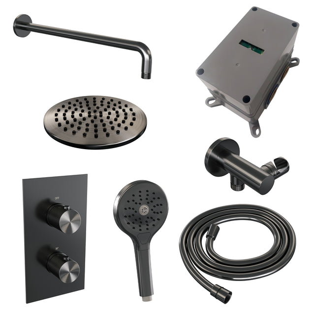 BRAUER Gunmetal Carving thermostatische inbouw regendouche 3-weg omstelling SET 33 met 20 cm douchekop en gebogen muurarm en 3-standen handdouche en doucheslang en wandaansluitbocht gunmetal geborsteld PVD