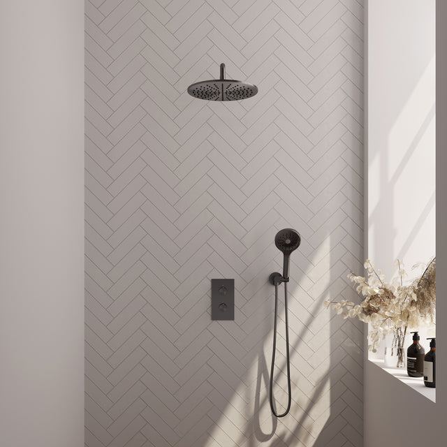 BRAUER Gunmetal Carving thermostatische inbouw regendouche 3-weg omstelling SET 34 met 30 cm douchekop en gebogen muurarm en 3-standen handdouche en doucheslang en wandaansluitbocht gunmetal geborsteld PVD