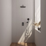 BRAUER Gunmetal Carving thermostatische inbouw regendouche 3-weg omstelling SET 34 met 30 cm douchekop en gebogen muurarm en 3-standen handdouche en doucheslang en wandaansluitbocht gunmetal geborsteld PVD