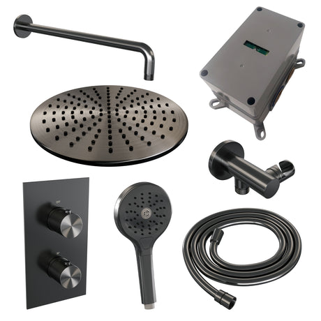 BRAUER Gunmetal Carving thermostatische inbouw regendouche 3-weg omstelling SET 34 met 30 cm douchekop en gebogen muurarm en 3-standen handdouche en doucheslang en wandaansluitbocht gunmetal geborsteld PVD