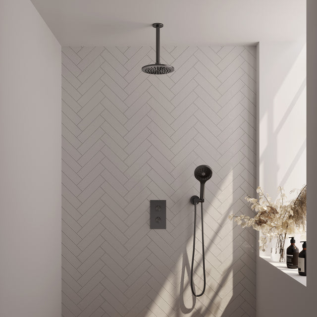 BRAUER Gunmetal Carving thermostatische inbouw regendouche 3-weg omstelling SET 35 met 20 cm douchekop en plafondarm en 3-standen handdouche en doucheslang en wandaansluitbocht gunmetal geborsteld PVD