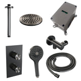 BRAUER Gunmetal Carving thermostatische inbouw regendouche 3-weg omstelling SET 35 met 20 cm douchekop en plafondarm en 3-standen handdouche en doucheslang en wandaansluitbocht gunmetal geborsteld PVD