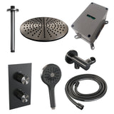 BRAUER Gunmetal Carving thermostatische inbouw regendouche 3-weg omstelling SET 36 met 30 cm douchekop en plafondarm en 3-standen handdouche en doucheslang en wandaansluitbocht gunmetal geborsteld PVD
