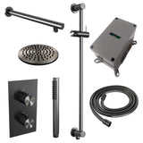 BRAUER Gunmetal Carving thermostatische inbouw regendouche 3-weg omstelling SET 37 met 20 cm douchekop en rechte muurarm en staaf handdouche en doucheslang en geïntegreerde glijstang gunmetal geborsteld PVD