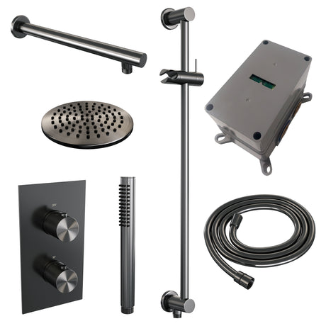 BRAUER Gunmetal Carving thermostatische inbouw regendouche 3-weg omstelling SET 37 met 20 cm douchekop en rechte muurarm en staaf handdouche en doucheslang en geïntegreerde glijstang gunmetal geborsteld PVD