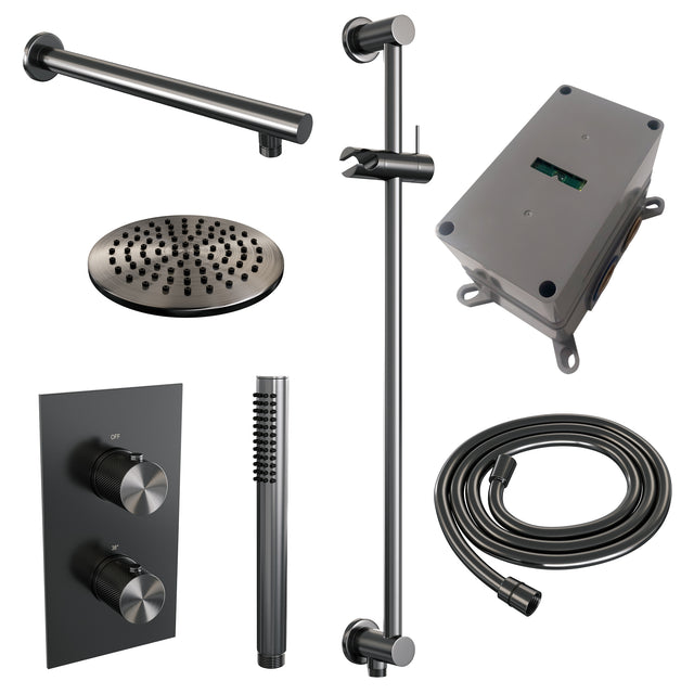 BRAUER Gunmetal Carving thermostatische inbouw regendouche 3-weg omstelling SET 37 met 20 cm douchekop en rechte muurarm en staaf handdouche en doucheslang en geïntegreerde glijstang gunmetal geborsteld PVD